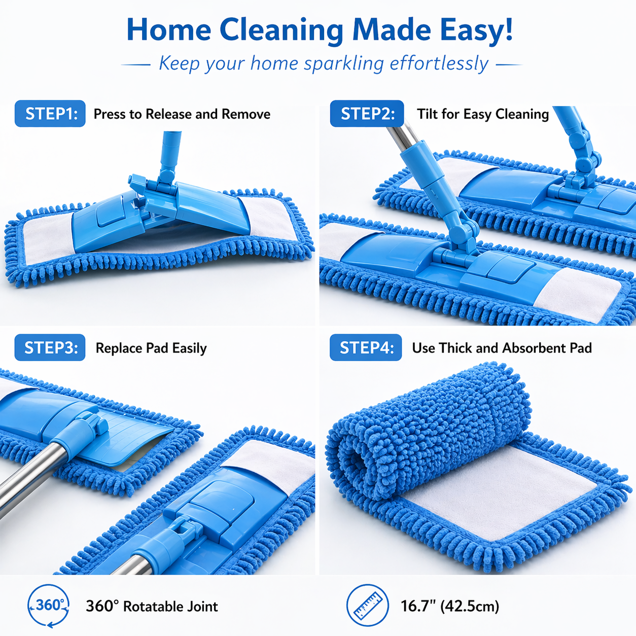 Slonkaz™ Detachable Coral Fleece Flat Mop with Stainless Steel Handle