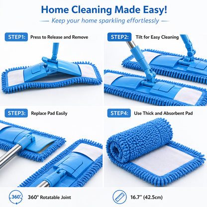 Slonkaz™ Detachable Coral Fleece Flat Mop with Stainless Steel Handle