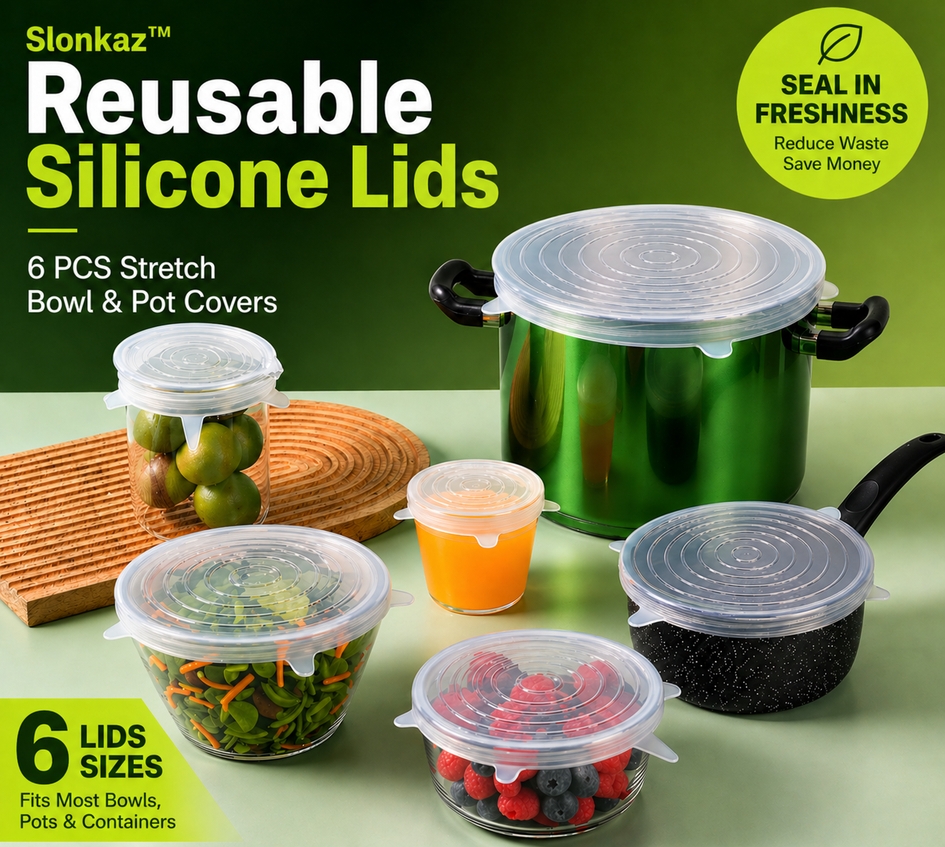 Slonkaz™ Reusable Silicone Lids — 6 PCS Stretch Bowl & Pot Covers